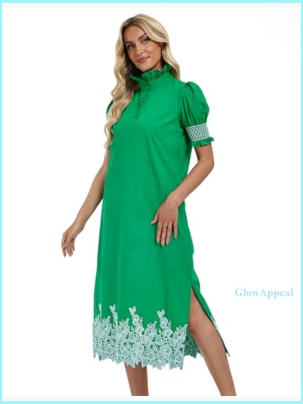 Summer Maxi Dress with Floral Embroidery, Puff Sleeves, Button Front - Picture 3 of 7
